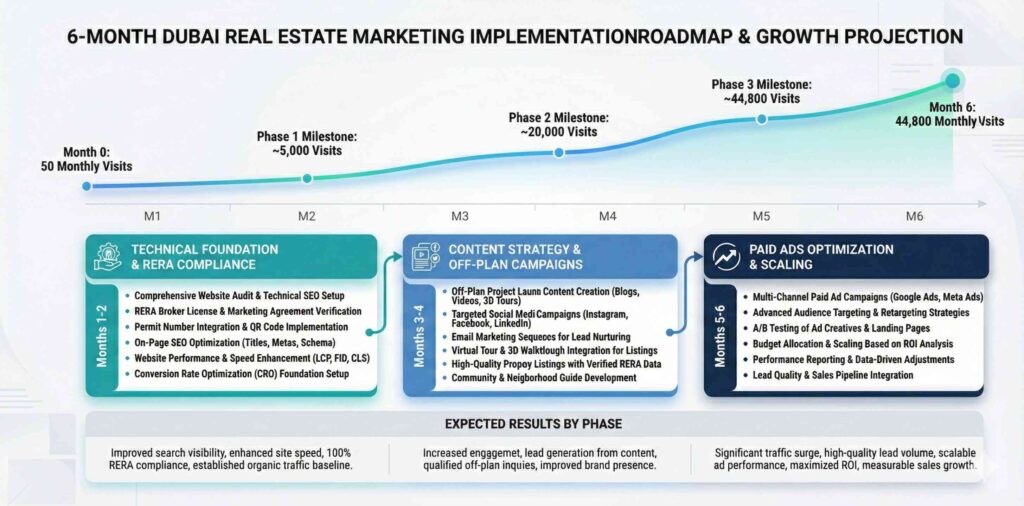6-month Dubai real estate marketing implementation timeline showing Phase 1 technical foundation, Phase 2 content strategy, Phase 3 paid ads scaling with traffic growth from 50 to 44,800 monthly visits