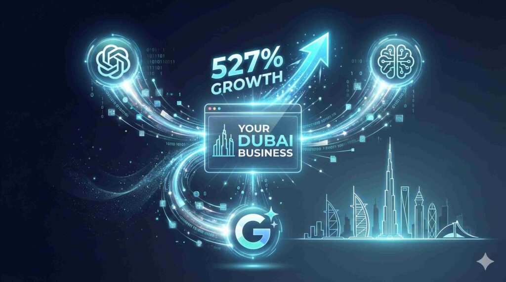 Why Your Dubai SEO Isn't Working (Entity-Based Optimization Guide) AI search ecosystem showing ChatGPT, Perplexity, and Google AI Overviews citing Dubai business content