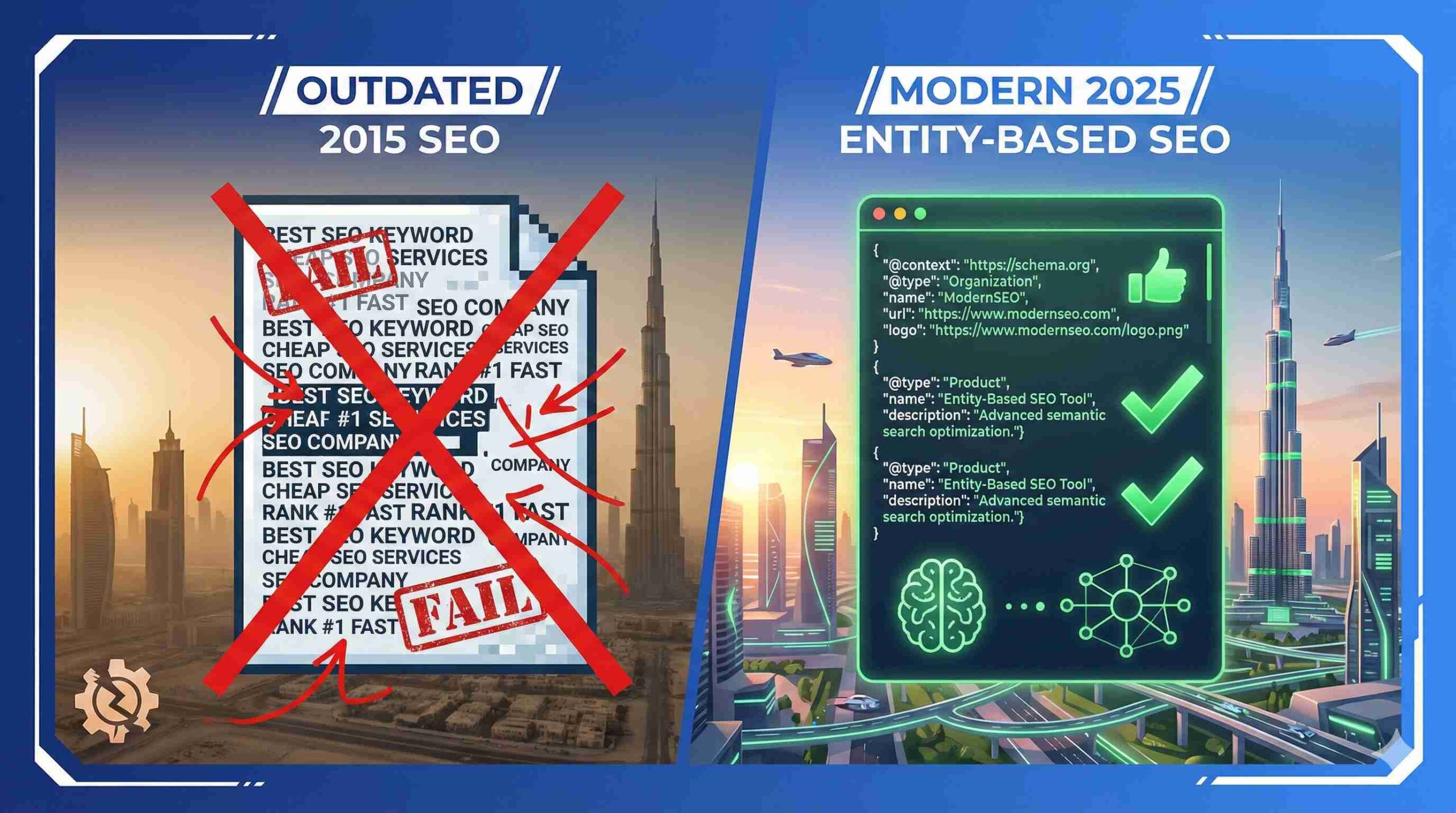 Comparison showing failed keyword-stuffed SEO versus successful entity-based SEO optimization with Dubai skyline - illustrating modern 2025 search ranking factors