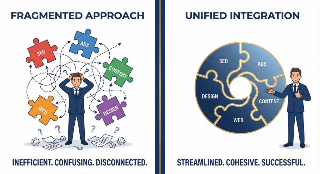 Comparison showing fragmented multi-agency marketing chaos versus integrated full-stack marketing system
