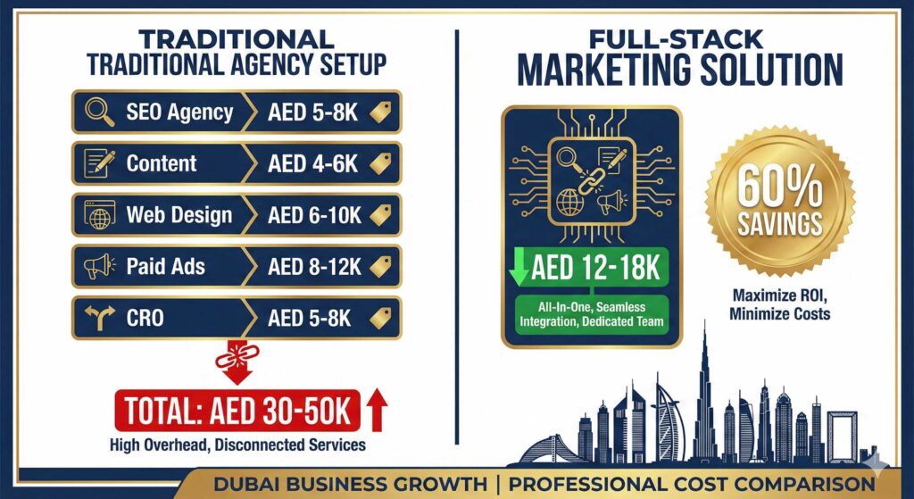 Cost comparison infographic: Traditional Dubai agencies (AED 30-50K monthly) vs Full-Stack Marketing (AED 12-18K monthly) showing 60% savings
