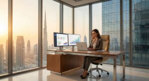Full-stack digital marketing specialist managing integrated campaigns in Dubai office overlooking Burj Khalifa skyline