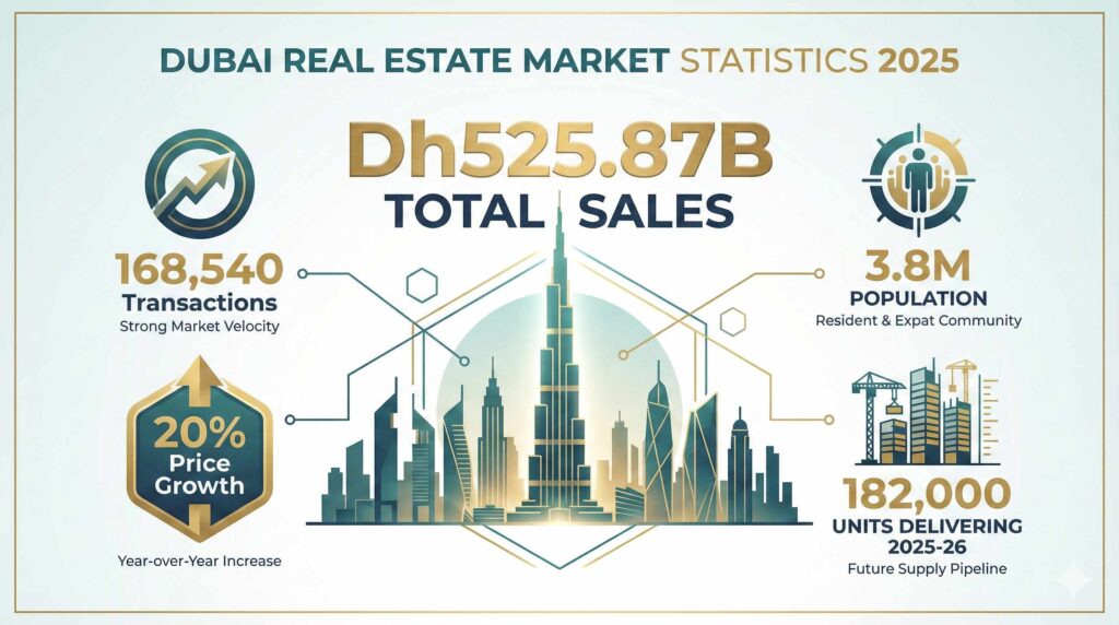 Dubai real estate market statistics 2025 showing Dh525.87 billion sales, 168,540 transactions, 20% price growth and 3.8 million population