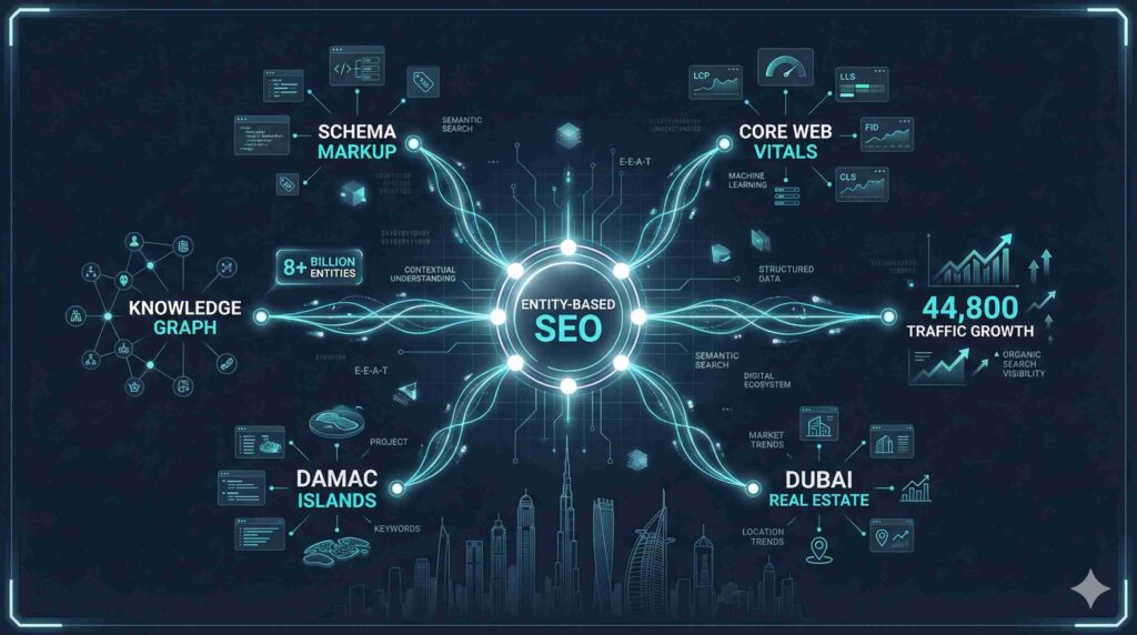 Why Your Dubai SEO Isn't Working (Entity-Based Optimization Guide) Entity-based SEO knowledge graph showing interconnected concepts including Schema markup, Core Web Vitals, and Dubai real estate entities with 8 billion entity connections