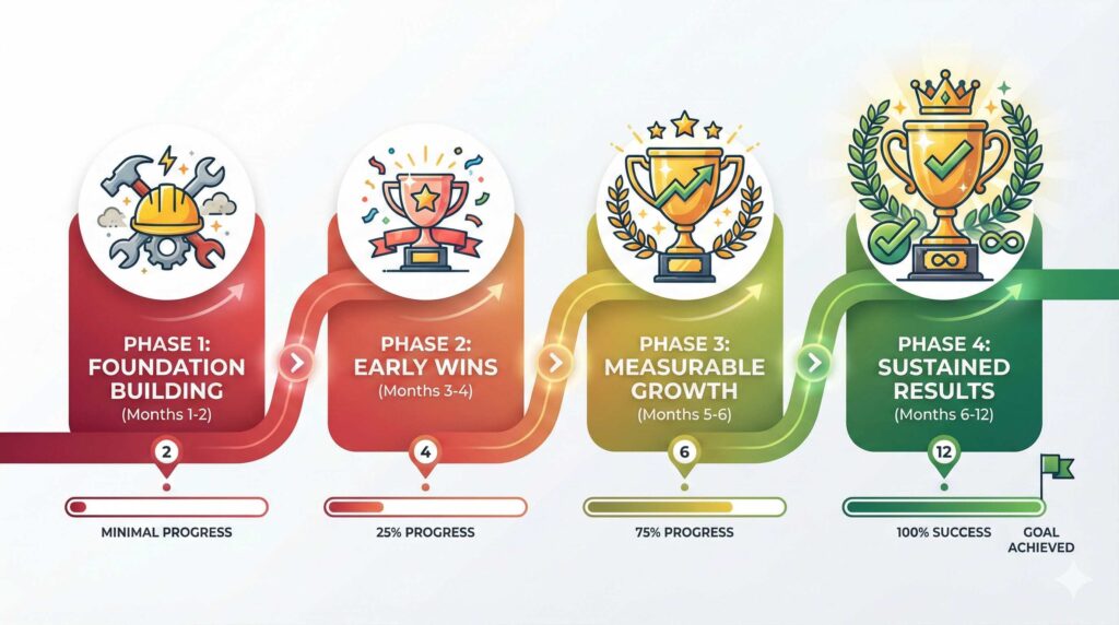Full-stack digital marketing results timeline: Foundation (1-2 months), Early Wins (3-4 months), Growth (5-6 months), Sustained Results (6-12 months)