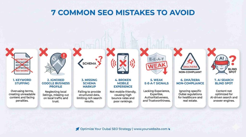 Why Your Dubai SEO Isn't Working (Entity-Based Optimization Guide) Seven deadly sins of Dubai SEO mistakes checklist including keyword stuffing, ignored local SEO, missing Schema markup, mobile optimization failure, and AI search neglect