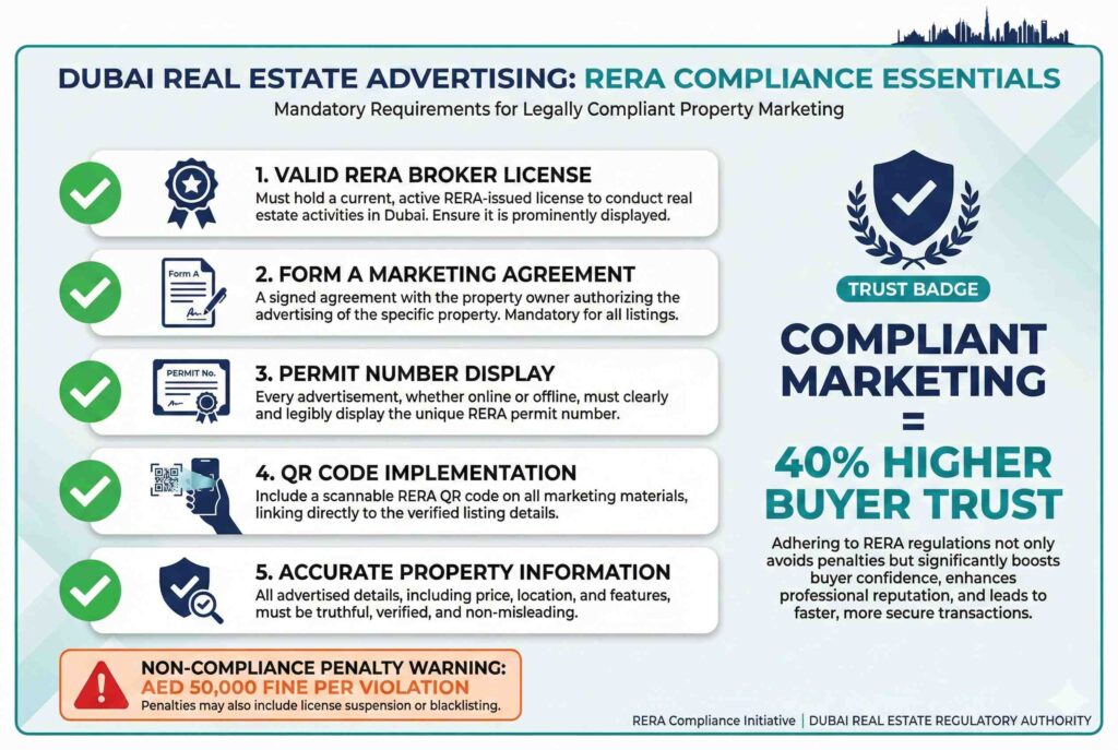 RERA compliance checklist for Dubai real estate advertising showing 5 requirements: broker license, Form A agreement, permit number, QR code, accurate information with AED 50,000 non-compliance penalty