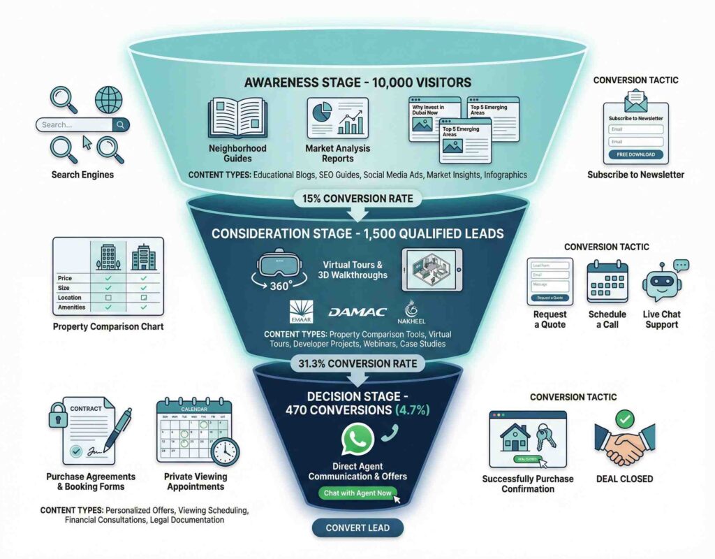 Real estate conversion funnel diagram showing awareness consideration decision stages with 4.7% conversion rate from 10,000 visitors to 470 property transactions