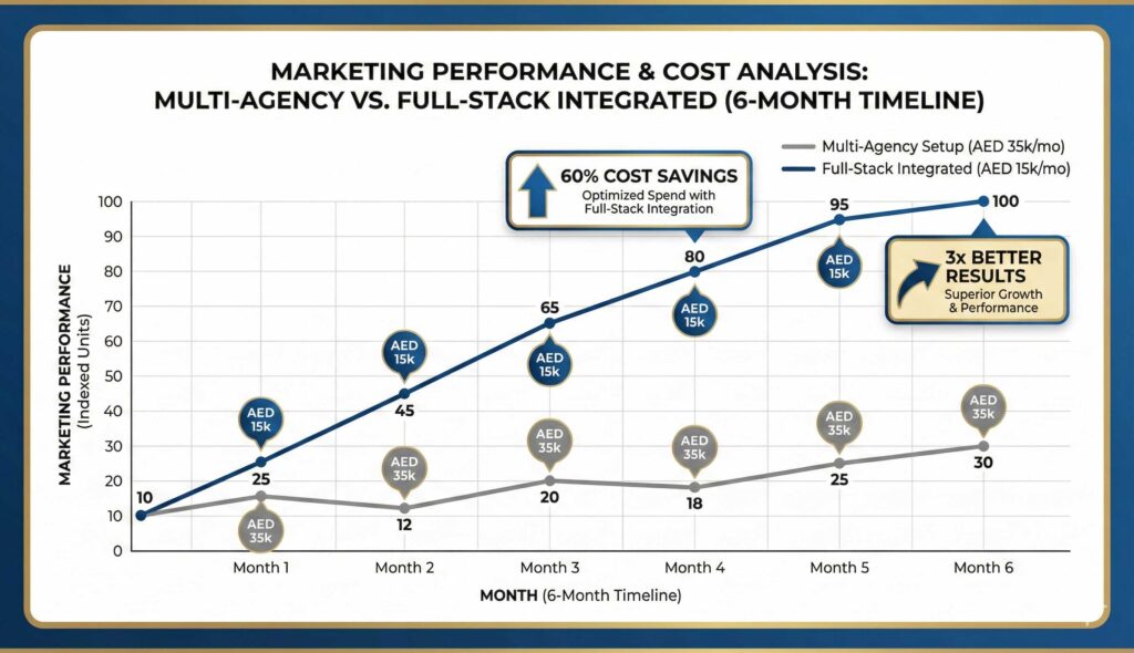Six-month performance graph showing multi-agency setup at AED 35,000 monthly with slower growth versus full-stack integrated at AED 15,000 with 60% cost savings and 3x better results
