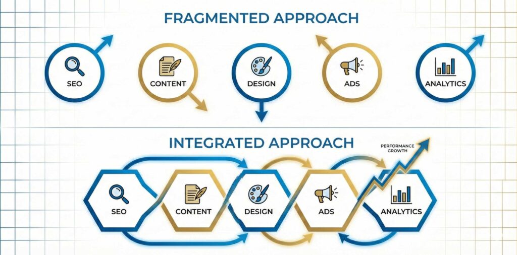 Diagram comparing fragmented marketing agencies with disconnected arrows versus integrated full-stack approach with connected hexagons and upward performance graph