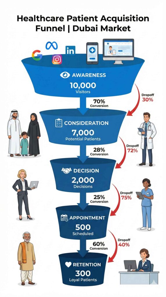 Healthcare Marketing in GCC: DHA Compliance + 180% Lead Strategy Patient acquisition funnel, five stages with conversion rates, blue gradient, diverse patients and medical staff illustrated, marketing channel icons, professional vector design