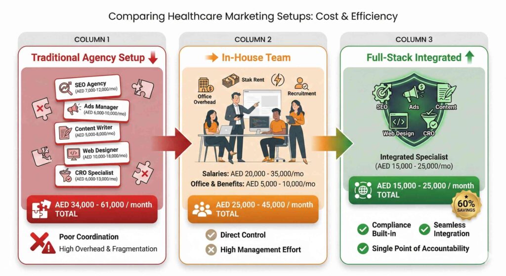 Healthcare Marketing in GCC: DHA Compliance + 180% Lead Strategy Healthcare marketing cost comparison showing traditional agency setup versus integrated full-stack approach with 60% cost savings in Dubai