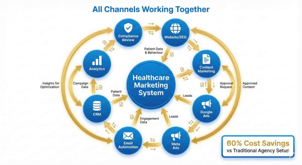 Healthcare Marketing in GCC: DHA Compliance + 180% Lead Strategy Integrated healthcare marketing system workflow diagram showing how website, ads, content, CRM and analytics work together in unified strategy