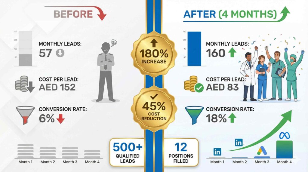 Healthcare Marketing in GCC: DHA Compliance + 180% Lead Strategy Medical recruitment marketing case study showing 180% lead increase and 45% cost reduction for Dubai healthcare staffing agency
